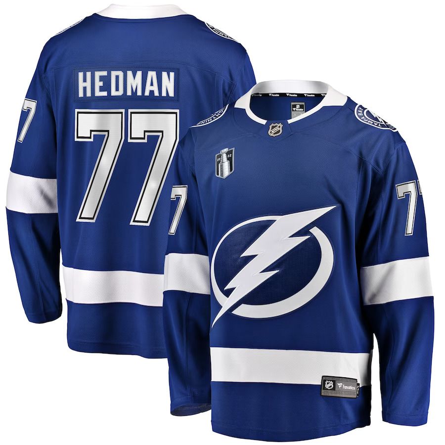 Men Tampa Bay Lightning #77 Victor Hedman Fanatics Branded Blue Home Stanley Cup Final Breakaway Player NHL Jersey